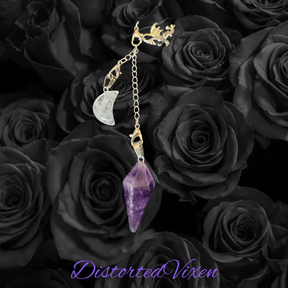 Dragon Amethyst Pendulum Necklace • Clear Quartz Moon • Witch Divination Jewelry